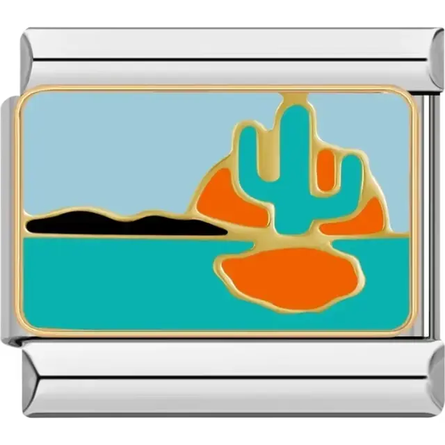 Cactus and desert rock design with an orange sunset and turquoise foreground Italian charm bracelet link