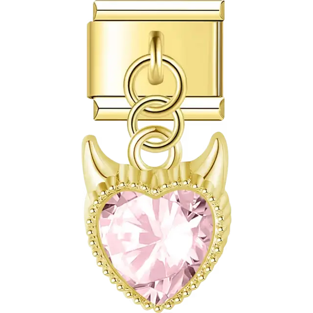 Pink heart crystal with devil horns dangle Italian charm bracelet link
