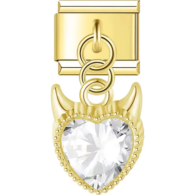 Clear heart crystal with devil horns dangle Italian charm bracelet link