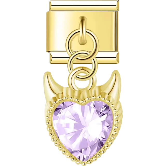 Purple heart crystal with devil horns dangle Italian charm bracelet link