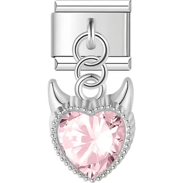 Pink heart crystal with devil horns dangle Italian charm bracelet link