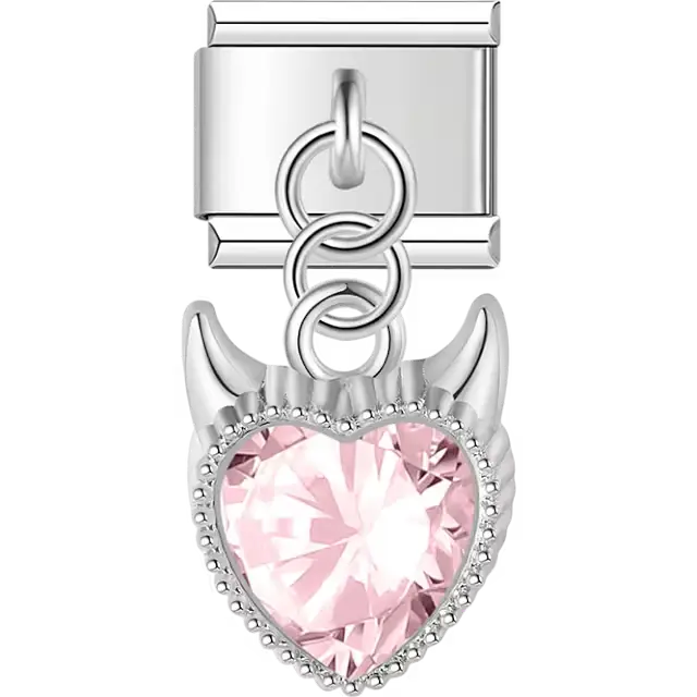 Pink heart crystal with devil horns dangle Italian charm bracelet link