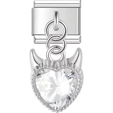 Clear heart crystal with devil horns dangle Italian charm bracelet link