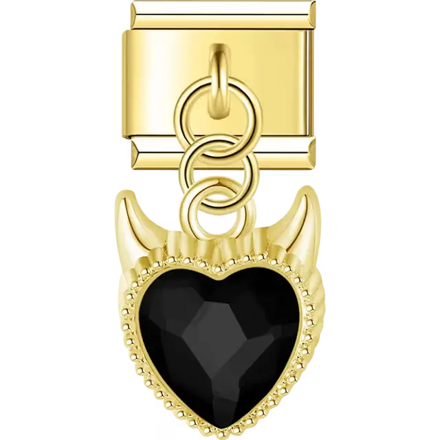 Black heart crystal with devil horns dangle Italian charm bracelet link