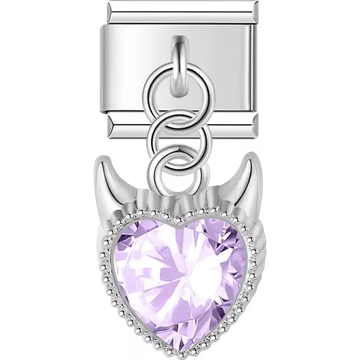 Purple heart crystal with devil horns dangle Italian charm bracelet link