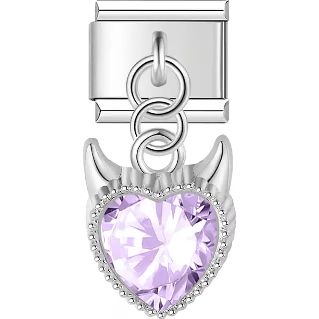 Purple heart crystal with devil horns dangle Italian charm bracelet link