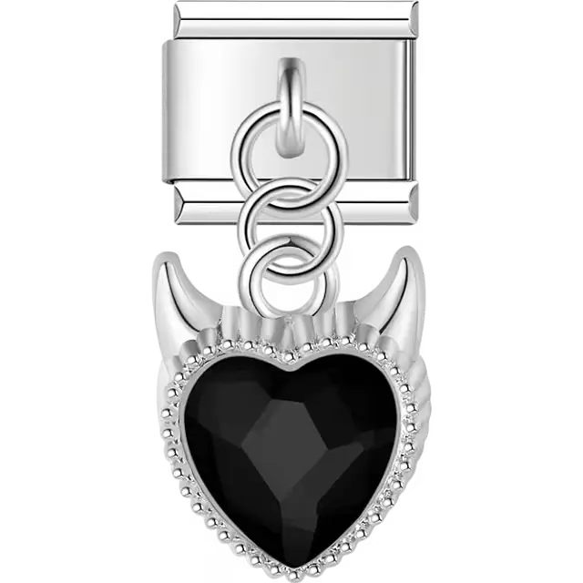 Black heart crystal with devil horns dangle Italian charm bracelet link