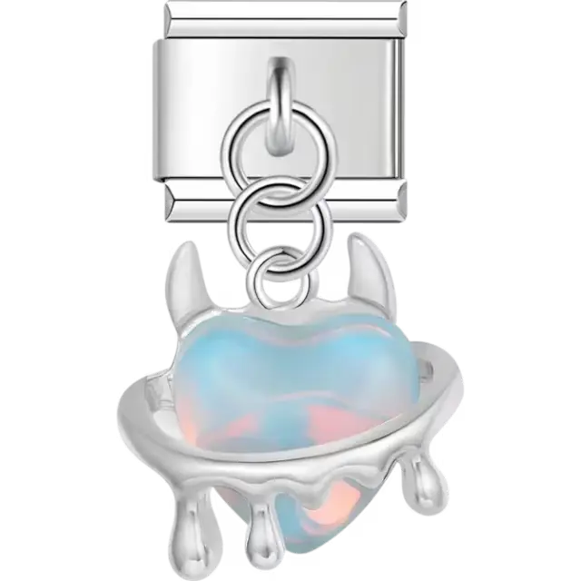 Iridescent heart with horns, dripping accents, and a circular ring Italian charm bracelet link