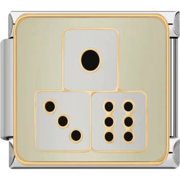 Gold-edged dice design with black dots on light background Italian charm bracelet link