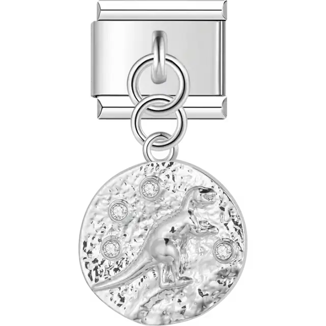 Dinosaur with crystals on textured circle dangle Italian charm bracelet link