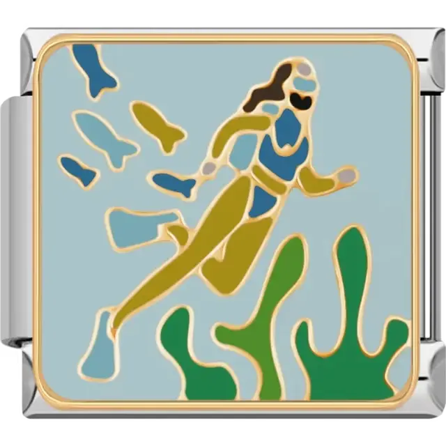 Underwater scene with a diver surrounded by fish and sea plants on a light blue background Italian charm bracelet link