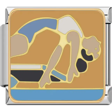 Yellow and blue gymnast diving gracefully on a brown background Italian charm bracelet link