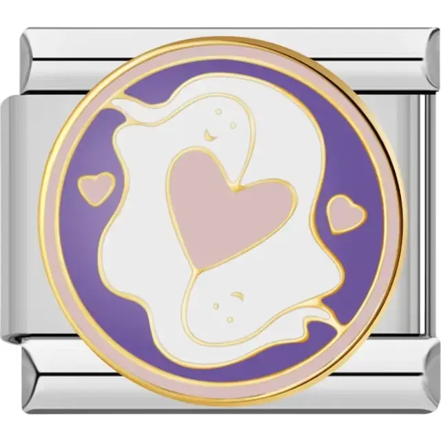 Two white ghosts with a pink heart and small pink accents on a purple background Italian charm bracelet link