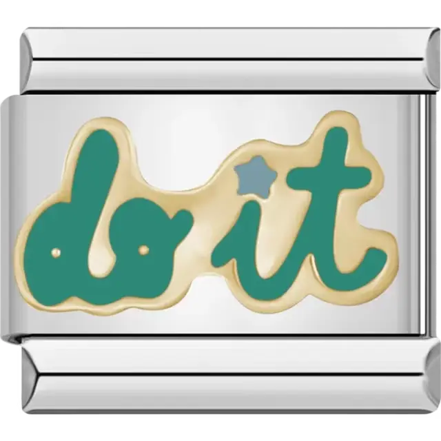 "do it" text in teal with gold outline and a small blue star accent Italian charm bracelet link