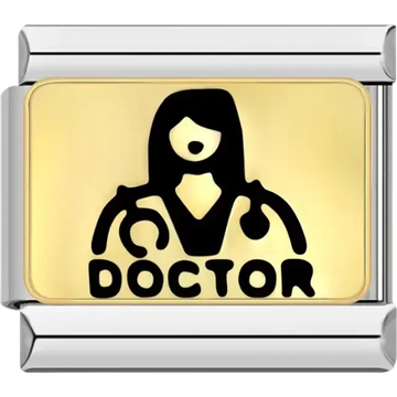 "DOCTOR" text with a stethoscope and medical figure design on a gold background Italian charm bracelet link