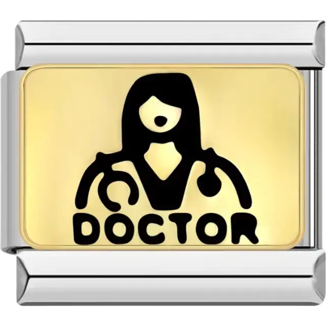 "DOCTOR" text with a stethoscope and medical figure design on a gold background Italian charm bracelet link