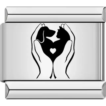 Black dog and cat silhouettes forming a heart held by hands with a small white heart in the center Italian charm bracelet link