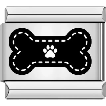 Black dog bone with white paw print and dashed outline Italian charm bracelet link