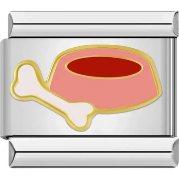 Pink dog bowl with red center white bone gold outline Italian charm bracelet link