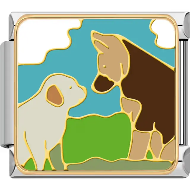 White dog brown horse turquoise sky green field Italian charm bracelet link