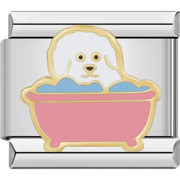 Cute white dog in a pink tub with blue bubbles and gold details Italian charm bracelet link