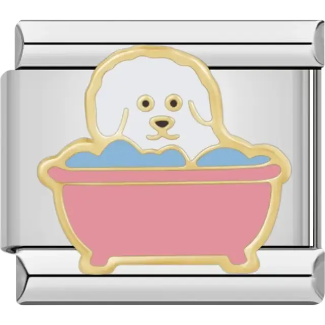 Cute white dog in a pink tub with blue bubbles and gold details Italian charm bracelet link