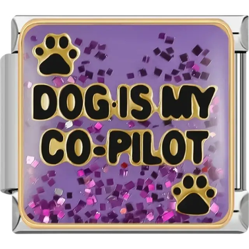 Purple background with the text "Dog Is My Co-Pilot" and paw prints Italian charm bracelet link