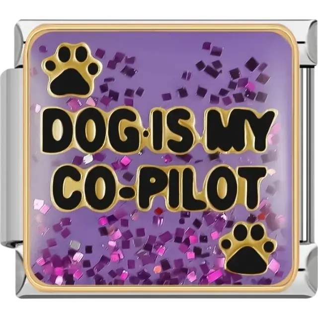 Purple background with the text "Dog Is My Co-Pilot" and paw prints Italian charm bracelet link