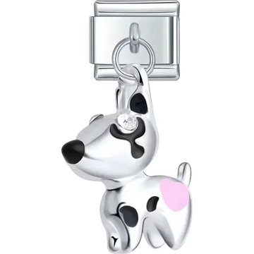 Dog pendant with black spots, a pink patch, and a crystal accent Italian charm bracelet link