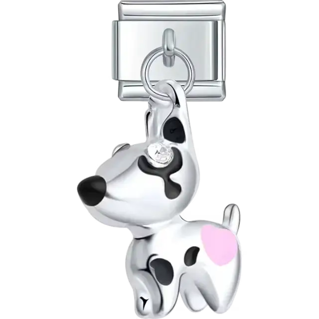 Dog pendant with black spots, a pink patch, and a crystal accent Italian charm bracelet link
