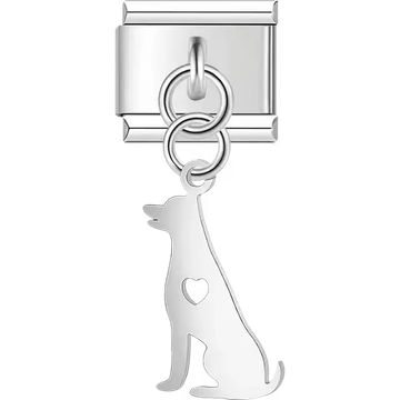 Silver dog silhouette heart cutout dangle pendant Italian charm bracelet link