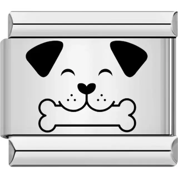Smiling dog face holding a bone in its mouth Italian charm bracelet link