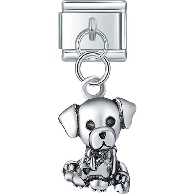 Silver dog design holding a bone with detailed dangle accents Italian charm bracelet link