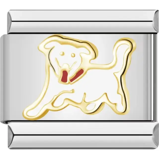 Gold dog design with a red collar and playful pose Italian charm bracelet link