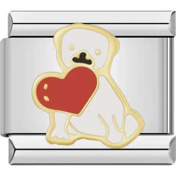 Gold dog design holding a red heart with white detailing Italian charm bracelet link