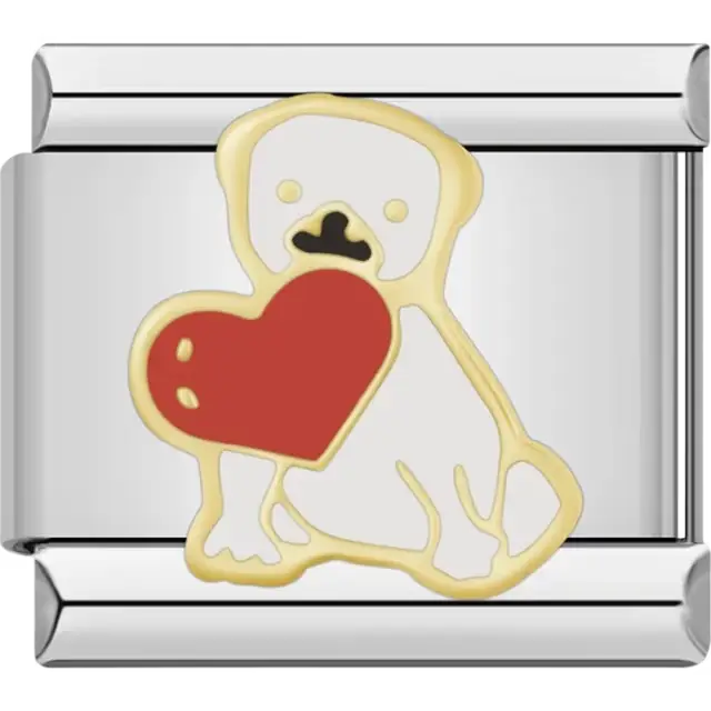 Gold dog design holding a red heart with white detailing Italian charm bracelet link