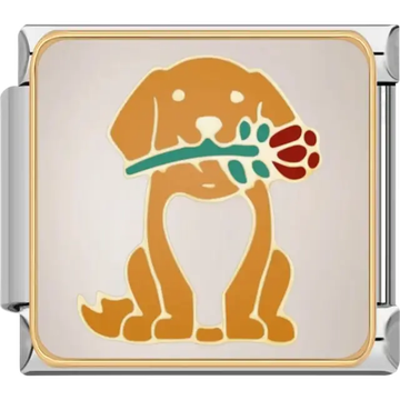 Brown dog holding a red rose with green stem Italian charm bracelet link