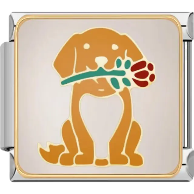 Brown dog holding a red rose with green stem Italian charm bracelet link
