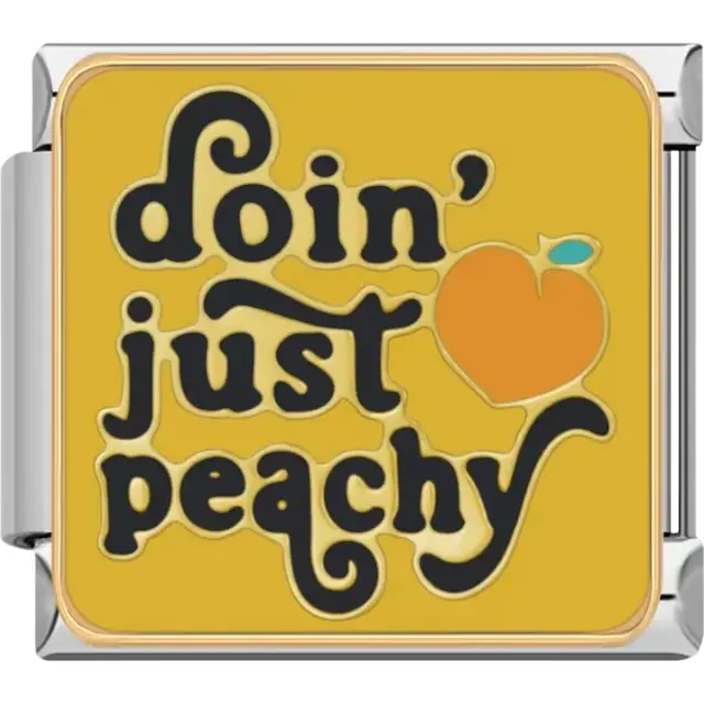 Text "doin' just peachy" with a peach icon on a yellow background Italian charm bracelet link