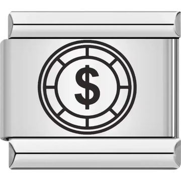 Poker chip design featuring a dollar sign Italian charm bracelet link