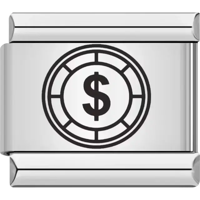 Poker chip design featuring a dollar sign Italian charm bracelet link