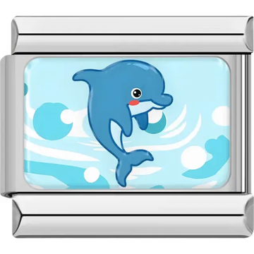 Blue dolphin with a light blue ocean wave background Italian charm bracelet link
