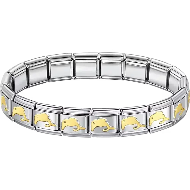 Gold dolphins charms composing stainless steel Italian bracelet