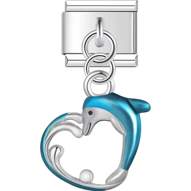 Blue dolphin forming a heart shape with a small ball detail dangle Italian charm bracelet link