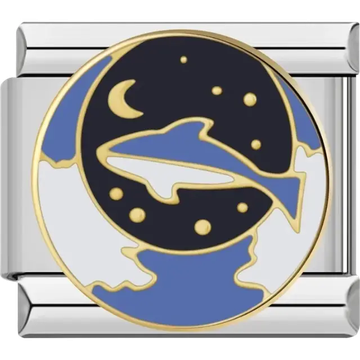 Round charm featuring a dolphin with moon and stars in the night sky Italian charm bracelet link