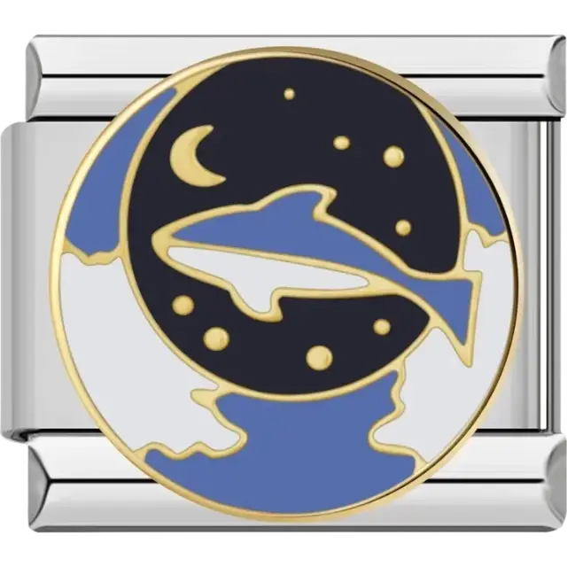 Round charm featuring a dolphin with moon and stars in the night sky Italian charm bracelet link
