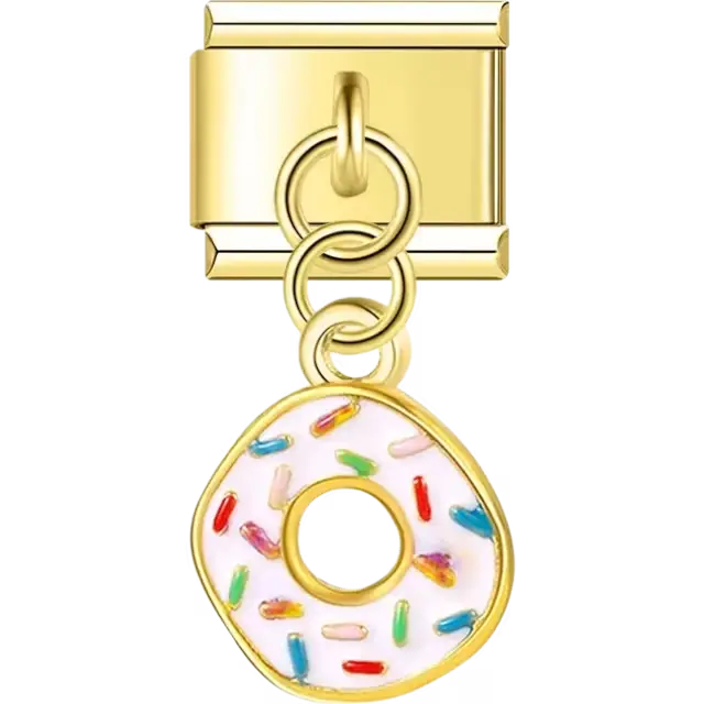 Donut-shaped dangle with white frosting and colorful sprinkles Italian charm bracelet link