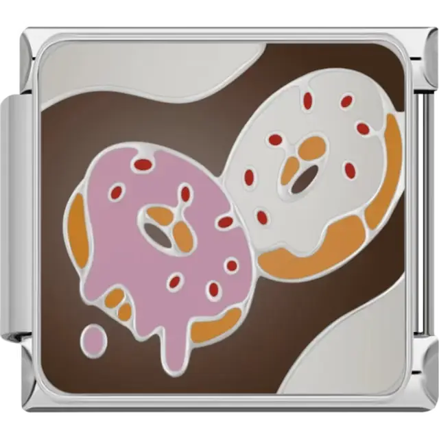 Two donuts with pink and white icing red sprinkles and a brown background Italian charm bracelet link