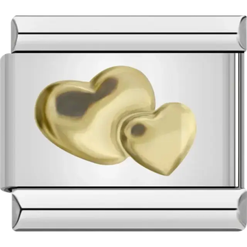 Two overlapping gold hearts on metal Italian charm bracelet link