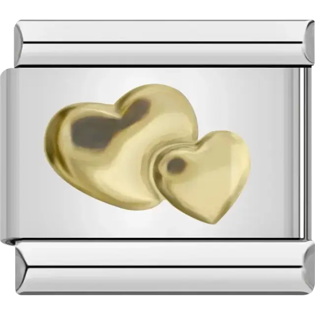 Two overlapping gold hearts on metal Italian charm bracelet link